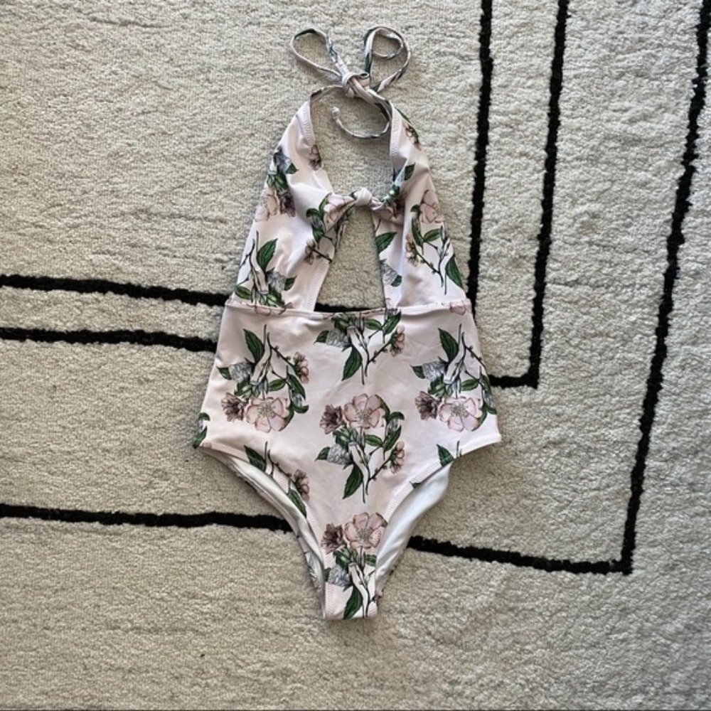 H & M Pink Floral Cutout Halter One Piece Swimsuit
